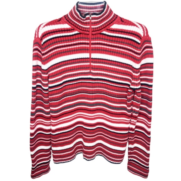 Tommy Hilfiger Sweaters - Tommy Hilfiger Red Striped Half Zip Sweater - XL